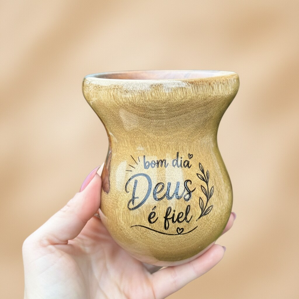 Cuia gravada 'bom dia, Deus é fiel', segurada na mão